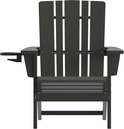 Flash Furniture Halifax Adirondack Chairs with Cup Holders, Weather Resistant Poly Resin Adirondack Chairs, Set of 2, Black