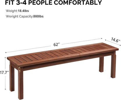 Outvita Patio Wood Bench, 62" Long Loveseat with Stable Wood Frame, 2-Person Backless Bench w/Slatted Seat, Indoor Outdoor Dining Bench for Backyard, Poolside, Entryway, Porch