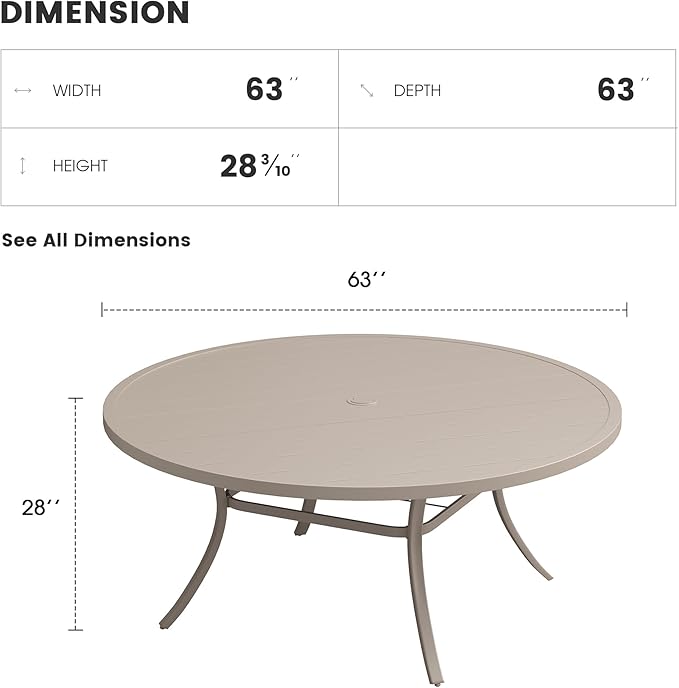 Patio Dining Table for 8-10, Round Metal Outdoor Table with 1.57" Umbrella Hole, 63" Outdoor Slat Tabletop Dining Table for Backyard, Porch, Lawn, Sand