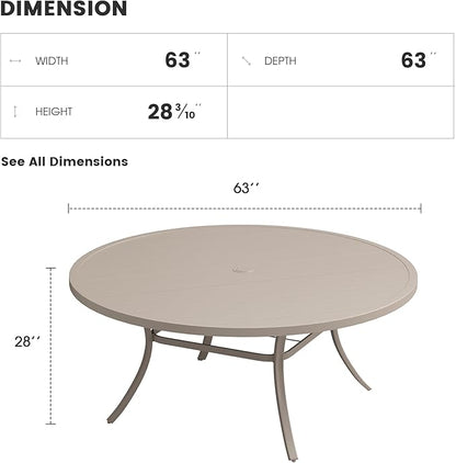 Patio Dining Table for 8-10, Round Metal Outdoor Table with 1.57" Umbrella Hole, 63" Outdoor Slat Tabletop Dining Table for Backyard, Porch, Lawn, Sand