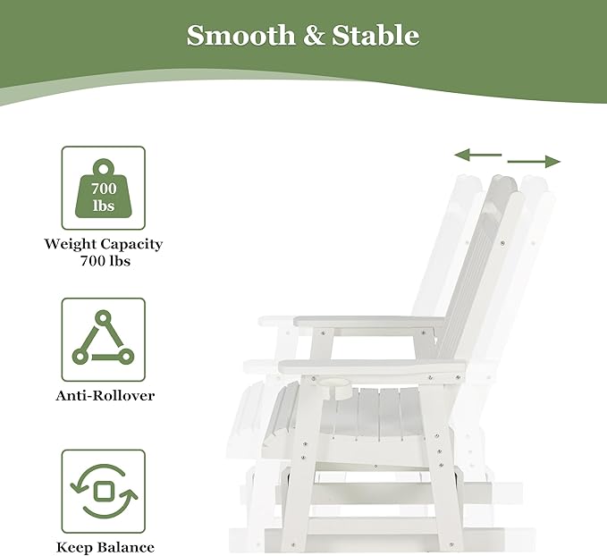 Poly Lumber Patio Glider for One Person, with Cup Holders, High Backrest and Deep Contoured Seat, HIPS Material - Photo 6