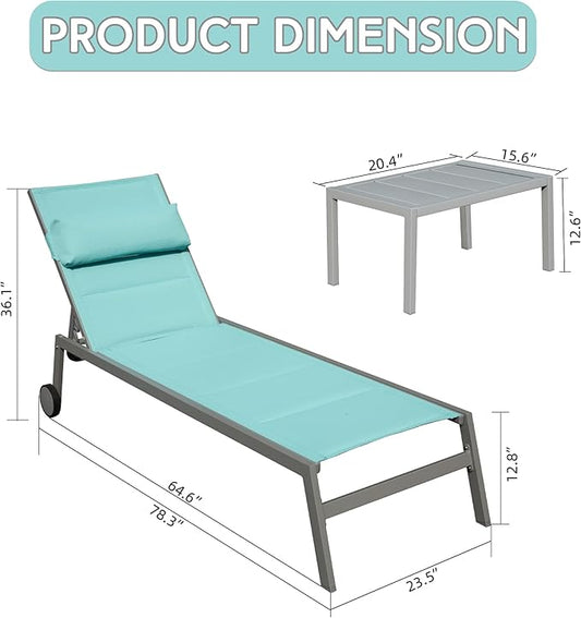 Domi Outdoor Patio Chaise Lounge Set of 3, Aluminum Pool Lounge Chairs with and Wheels, Textilene Padded Adjustable Recliner All Weather for Poolside, Beach, Yard, Balcony (Turquoise Blue)