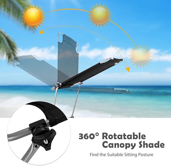 COSTWAY Beach Lounge Chair, Foldable Chaise Lounge with Canopy, Adjustable Backrest & Side Pocket, Tanning Chair for Seaside, Pool, Patio (Black)