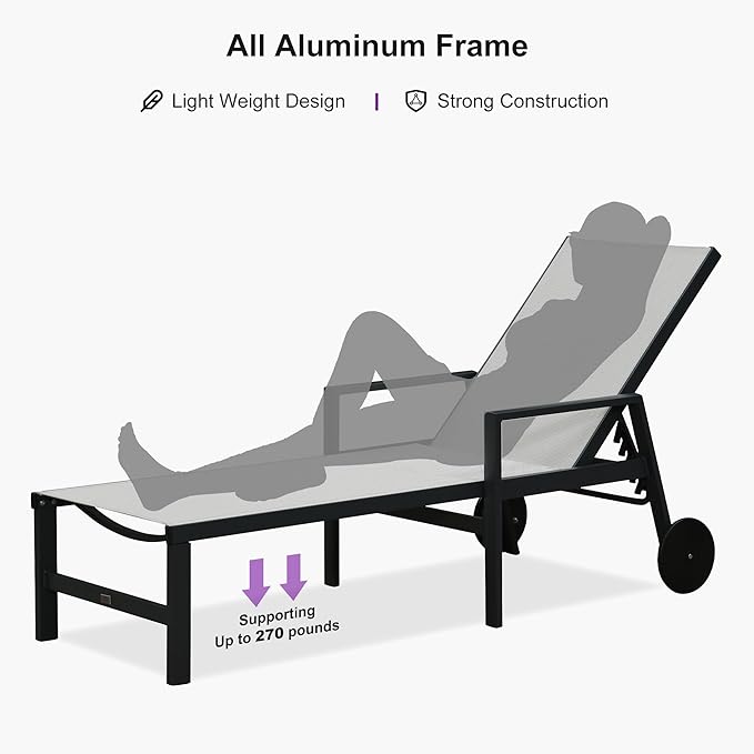 PURPLE LEAF Outdoor Chaise Lounge Set for 4 Aluminum Patio Chaise Lounger Chairs with Armrest and Wheels Adjustable - Photo 7