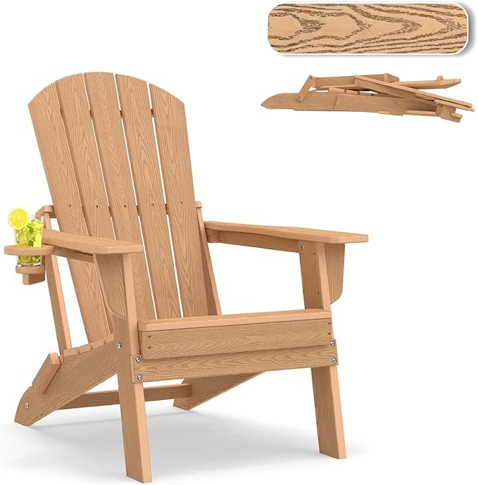 Folding Adirondack Chair，Wooden Textured Fire Pit Chair with Cup Holder, Heavy All-Weather HDPE Plastic Outdoor Patio Chairs for Poolside Backyard Patio Outdoor Garden