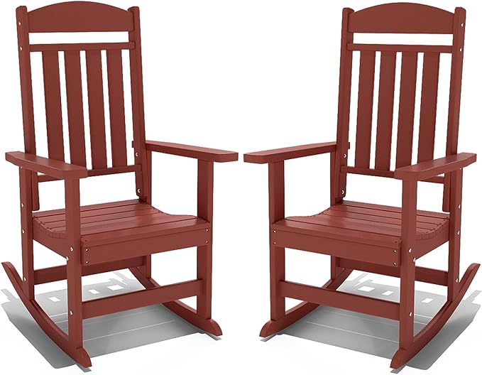 Outdoor Rocking Chairs Set of 2, Oversized High Back Patio Rocking Chairs, All Weather Porch Rocking Chairs for Outside. Red
