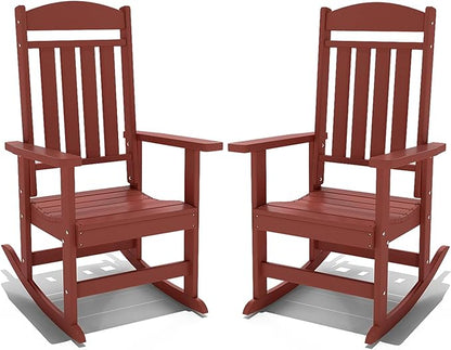 Outdoor Rocking Chairs Set of 2, Oversized High Back Patio Rocking Chairs, All Weather Porch Rocking Chairs for Outside. Red