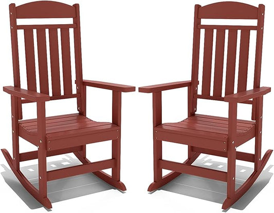 Outdoor Rocking Chairs Set of 2, Oversized High Back Patio Rocking Chairs, All Weather Porch Rocking Chairs for Outside. Red