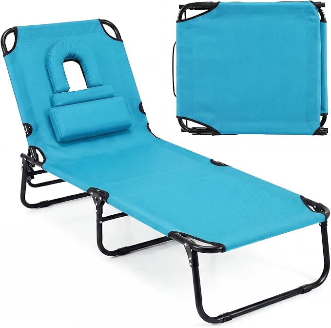 Tangkula Beach Lounge Chair, Folding Sunbathing Recliner with Face Hole, Face Down Tanning Chair with 4-Level Adjustable Backrest & 3 Removable Pillows, Chaise Lounge Chair for Patio (1, Turquoise)