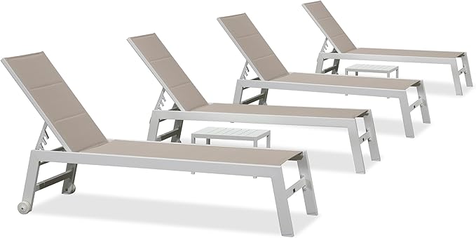 PURPLE LEAF Outdoor Chaise Lounge Adjustable Sunbathing Recliner with Side Table Khaki 2 Sets - Photo 9