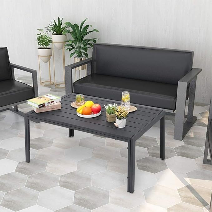 UKN Outdoor Steel Slat Coffee Table Black Modern Contemporary Rectangle Weather Resistant