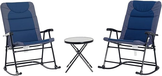 Outsunny 3 Piece Outdoor Patio Furniture Set with Glass Coffee Table & 2 Folding Padded Rocking Chairs, Bistro Style for Porch, Camping, Balcony, Navy Blue