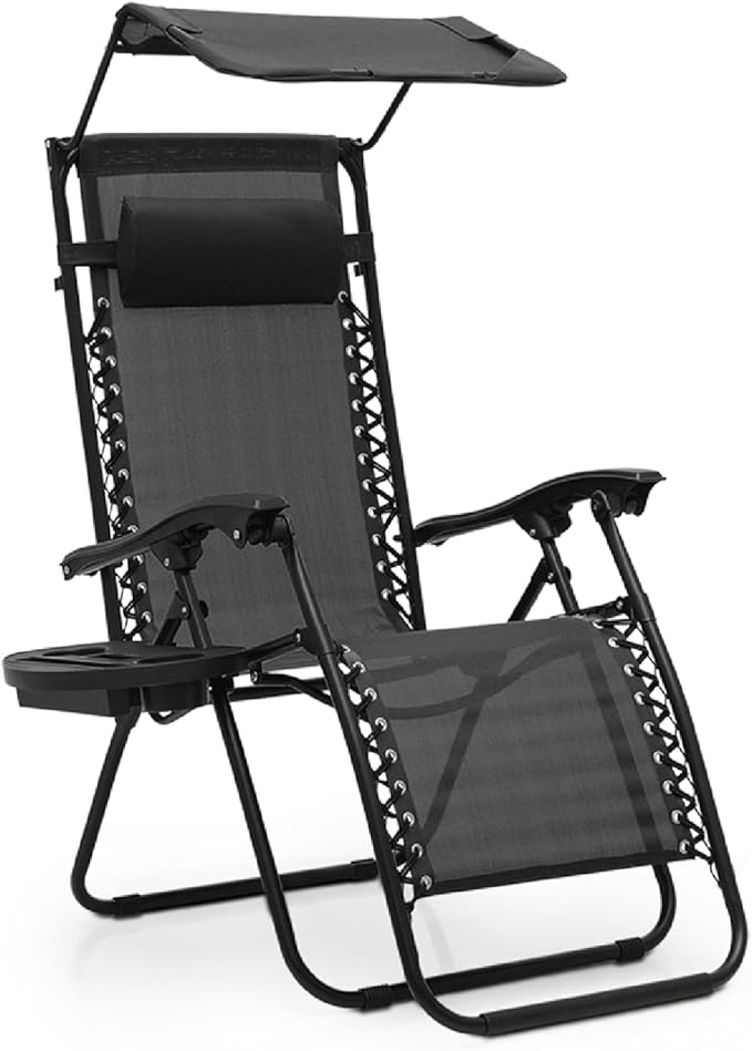 Athena Collection Folding Zero Gravity Chair with Canopy, Adjustable Lounge Chair Recliner, Outdoor Lawn Chair Camping Chairs Beach Chaise Chairs with Headrest & Cup Holder for Patio Pool, Black