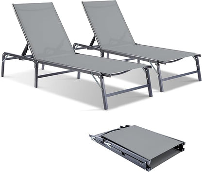 Lounge Chair Outdoor, Pool Lounge Chairs Foldable, Patio Lounge Chairs for Outside, Assemble-Free with Adjustable Backrest, Heavy-Duty Folding Patio Chair for Beach, Backyard & Camping, Grey