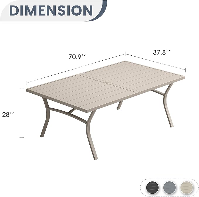 VICLLAX 70.9" Patio Dining Table for 8, Outdoor Rectangular Metal Table with 1.57" Umbrella Hole for Backyard Porch Backyard Garden Deck, Sandshell