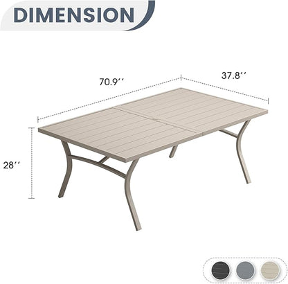 VICLLAX 70.9" Patio Dining Table for 8, Outdoor Rectangular Metal Table with 1.57" Umbrella Hole for Backyard Porch Backyard Garden Deck, Sandshell