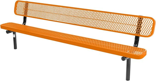 COATEDOUTDOORFURNITURE Heavy-Duty Outdoor Bench Thermoplastic Coated, Expanded Metal, Commercial-Grade Seating, Made in America (Inground with Back, 8 Ft, Textured Orange)