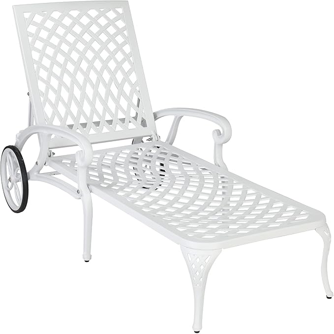VINGLI Cast Aluminum Outdoor Chaise Lounge Chair with Wheels, Patio Chaise Lounge with 3-Position Adjustable Backrest, Tanning Chair Reclining Chair for Poolside (White, Without Cushion)