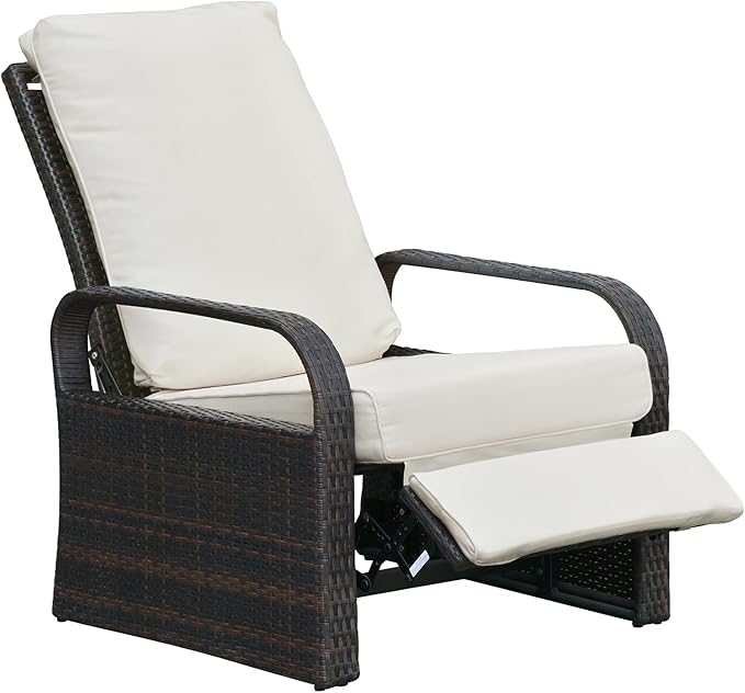 ATR ART TO REAL Outdoor Wicker Recliner Chair with 5.5'' Cushions, Automatic Adjustable Patio Lounge Chairs, Aluminum Frame Reclining Chair for Lawn Backyard Porch Poolside Deck (Beige)