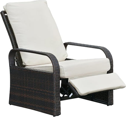 ATR ART TO REAL Outdoor Wicker Recliner Chair with 5.5'' Cushions, Automatic Adjustable Patio Lounge Chairs, Aluminum Frame Reclining Chair for Lawn Backyard Porch Poolside Deck (Beige)