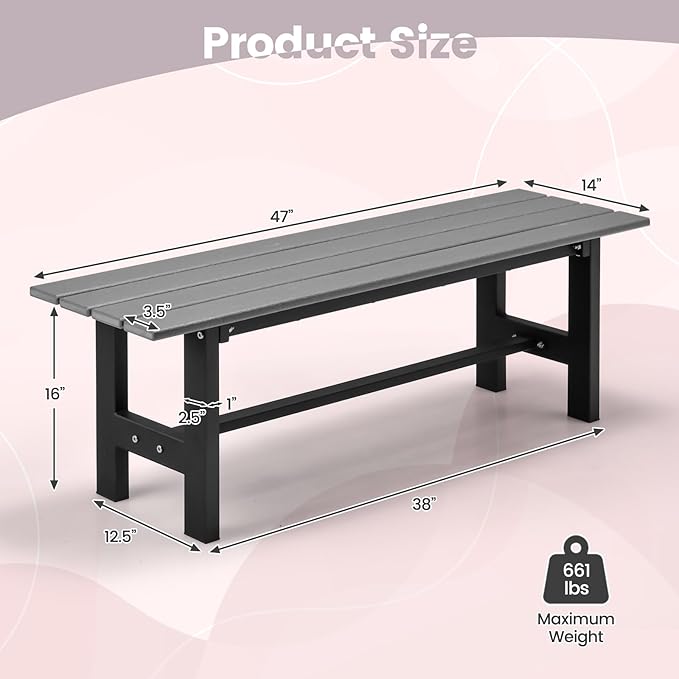 Tangkula 47 Inch HDPE Outdoor Bench Backless Set of 2, Patio Dining Bench with Slatted Seat & Heavy-Duty Metal Frame, 660 LBS Capacity, Weatherproof Outside Bench for Garden, Yard & Porch, Grey