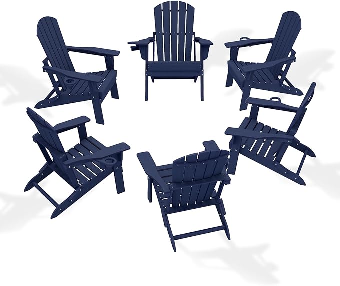 Folding Adirondack Chair Set of 6，Wooden Textured Fire Pit Chair with Cup Holder, Heavy All-Weather HDPE Plastic Outdoor Patio Chairs for Poolside Backyard Patio Outdoor Garden
