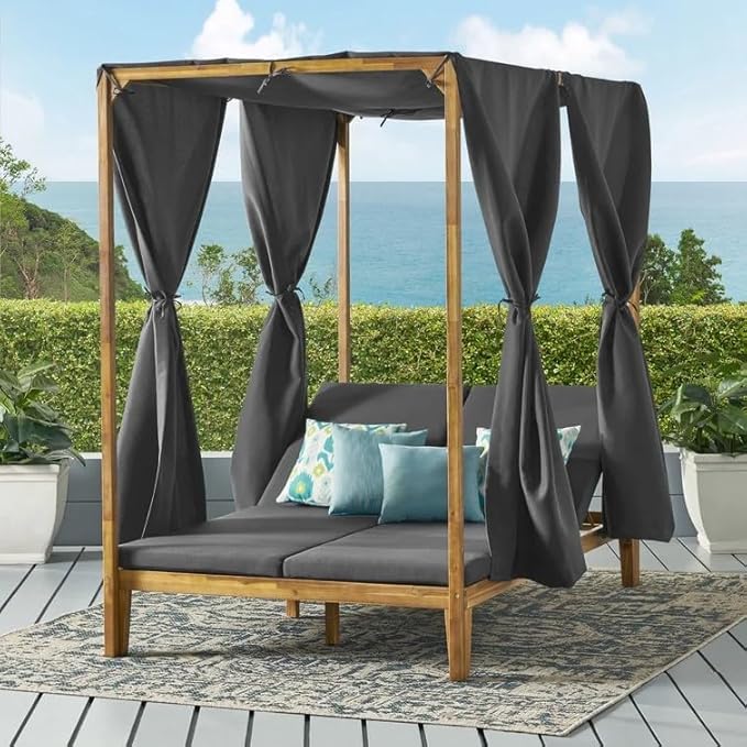 Christopher Knight Home Kenzie Acacia Wood Outdoor Daybed with Canopy, Double Chaise Lounge Chair Outdoor with Cushion - Photo 1