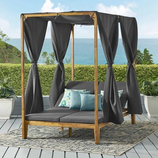 Christopher Knight Home Kenzie Acacia Wood Outdoor Daybed with Canopy, Double Chaise Lounge Chair Outdoor with Cushion, Adjustable Backrest Patio Sun Lounger Set of 2, Teak+Dark Gray