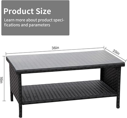 Outdoor Wicker Coffee Table Patio Furniture Garden Rattan 2-Layer Glass Table with Storage and Furniture Cover, Black