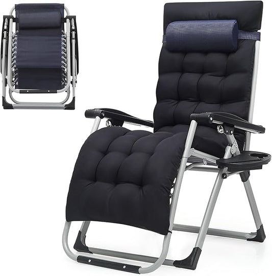 Zero Gravity Chair, Portable Folding Reclining Lounge Chairs with Adjustable Cushion and Cup Holder Trays for Outdoor, Patio, Beach, Camping, Garden, Poolside, Navy Blue