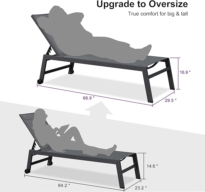 PURPLE LEAF 6-Piece Outdoor Chaise Lounge Oversized Pool Lounge Chairs with Easy-to-Move Wheels and Adjustable Backrest - Photo 5