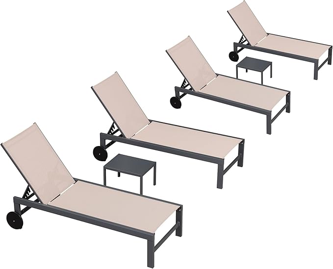 PURPLE LEAF Patio Chaise Lounge Set for 4 Outdoor Pool Lounge Chairs with Adjustable Backrest and Side Tables Aluminum - Photo 1