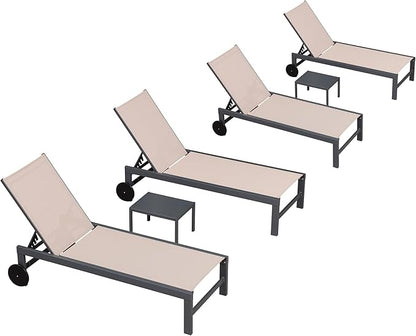 PURPLE LEAF Patio Chaise Lounge Set for 4 Outdoor Pool Lounge Chairs with Adjustable Backrest and Side Tables Aluminum Reclining Sunbathing Tanning Chair for Outside Poolside Yard Balcony, Sand Beige