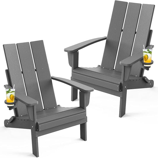 Adirondack Chair with Cup Holder Set of 2, Folding Outdoor Lawn Chair, HDPE Plastic Fire Pit Chair, Weather Resistant Patio Chairs for Deck, Porch, Backyard, Garden, Slate Gray