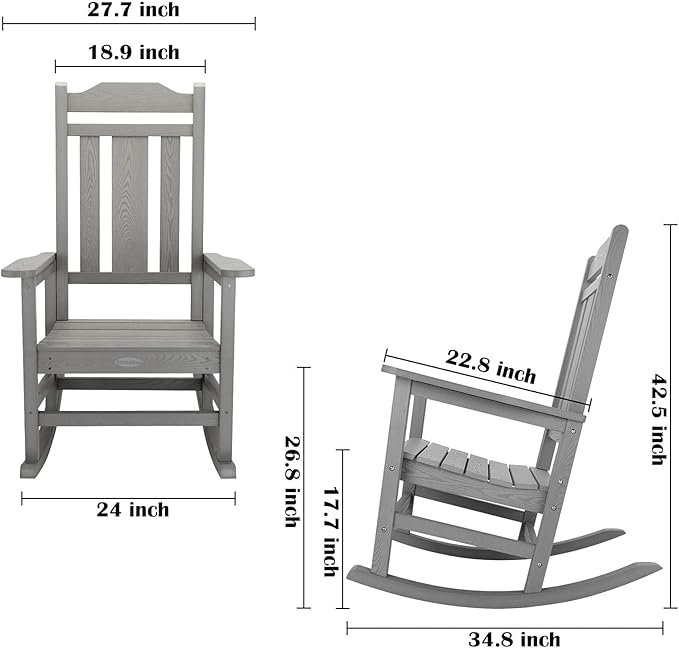 Outdoor Rocking Chairs Set of 4, HIPS All-Weather Resistant Patio Rocker Chair for Adults, Easy Assembly for Porch, Backyard, Lawn, Garden (Grey)