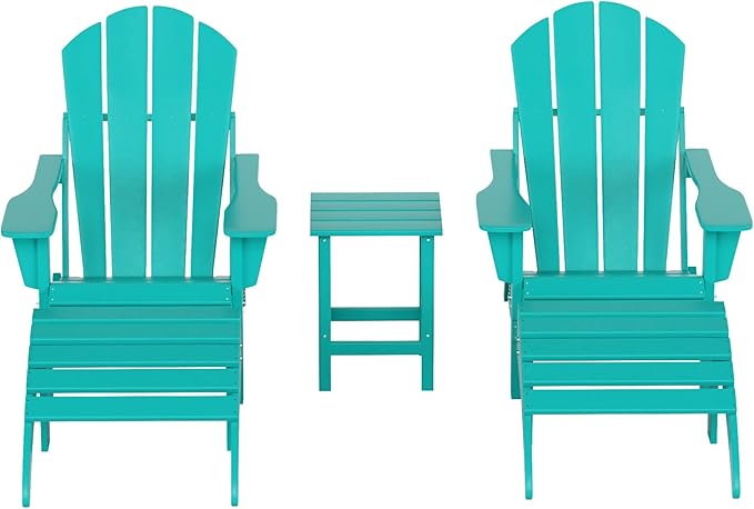 WestinTrends Malibu Outdoor Lounge Chairs Set, 5-Pieces Adirondack Chair Set of 2 with Ottoman and Side Table, All Weather Poly Lumber Patio Lawn Folding Chair for Outside, Turquoise