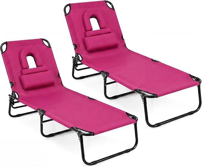 GYMAX Tanning Chair, Folding Lounge Chairs with Face Hole & Cover, Removable Pillow Carry Handle - Photo 1