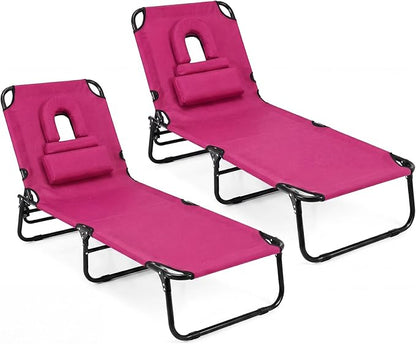 GYMAX Tanning Chair, Folding Lounge Chairs with Face Hole & Cover, Removable Pillow Carry Handle, Portable Compact Outdoor Layout Recliner for Beach, Poolside, Lawn, Patio, Camping (Pink,2)