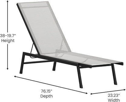 Flash Furniture Brazos Set of 2 Adjustable Chaise Lounge Chairs, Outdoor Five-Position Recliners, All Weather, Black/Gray