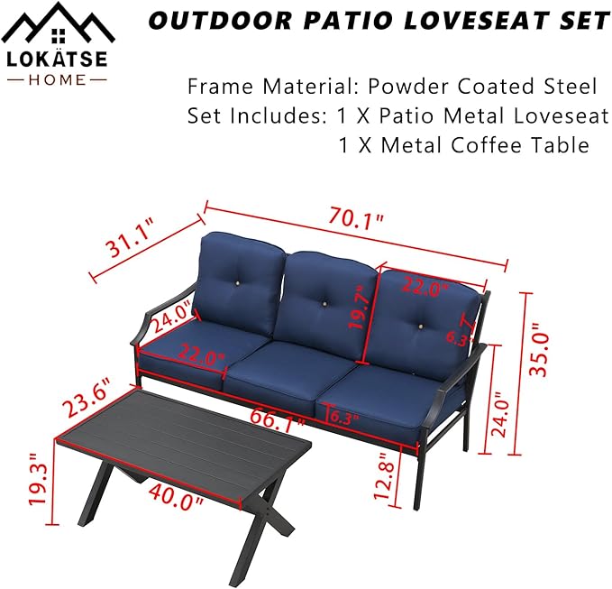 LOKATSE HOME Outdoor Patio Cushioned Loveseat 3 Seats Sofa Bench with Metal Coffee Table