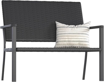 AECOJOY Outdoor Garden Bench, Weatherproof Wicker Outside Benches Clearance, Black Patio Loveseat with Backrest Armrests for Lawn Yard Porch Work Entryway (Black Rattan Back)