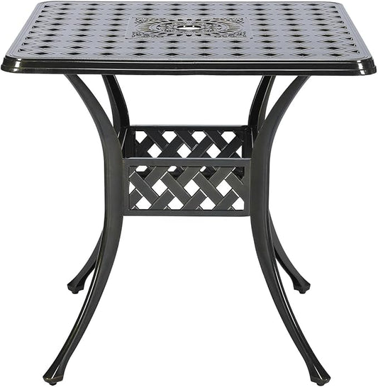 VIVIJASON 30.5" Patio Table Outdoor Dining Square Table Bronze Cast Aluminum Dining Table with Umbrella Hole