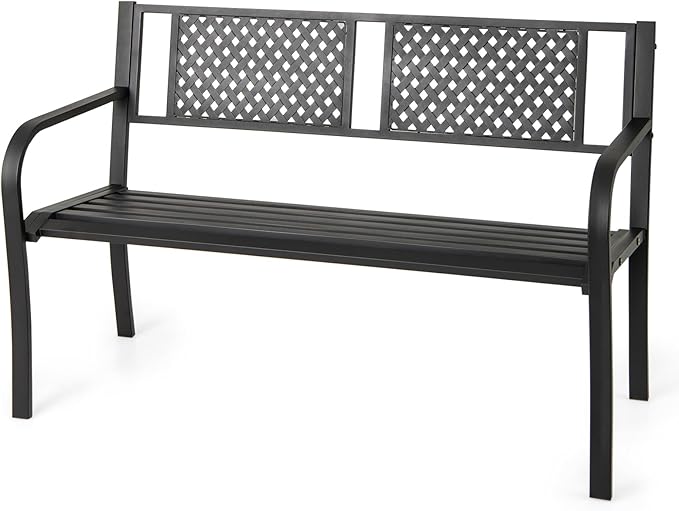 Giantex Metal Outdoor Bench with Mesh Pattern Backrest, Curved Armrests, 660Lbs Capacity, Slatted Seat for 2-3 Persons, Patio Bench for Yard, Poolside, Porch, Park, Garden (50"×23"×32",Black)
