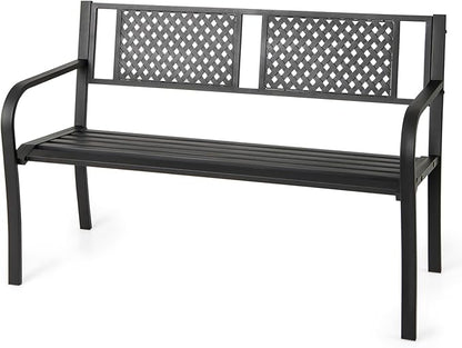 Giantex Metal Outdoor Bench with Mesh Pattern Backrest, Curved Armrests, 660Lbs Capacity, Slatted Seat for 2-3 Persons, Patio Bench for Yard, Poolside, Porch, Park, Garden (50"×23"×32",Black)