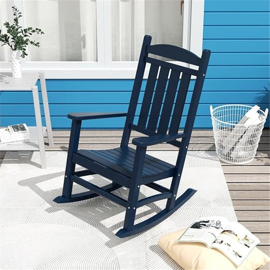 Costaelm Oversized Outdoor Rocking Chair, High Back Porch Rocker Chair, HDPE All Weather Resistant Outdoor Seating Furniture Wide Rocker Chair for Patio, Lawn, Garden, Navy Blue