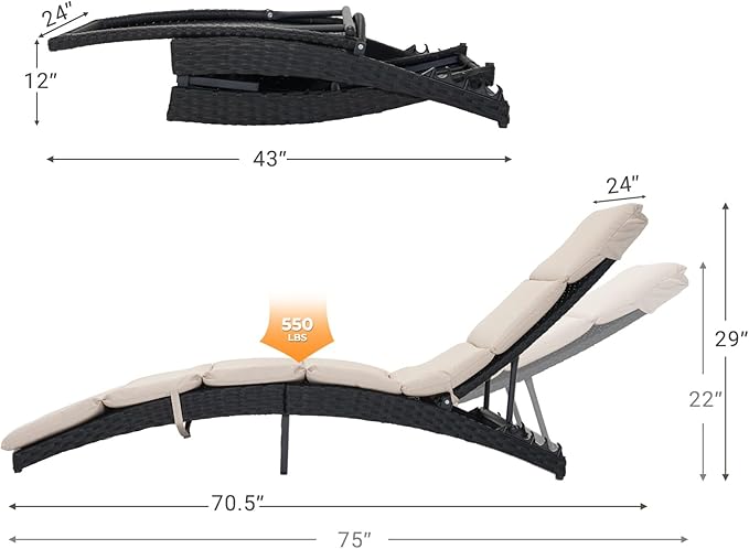 Grand patio Outdoor Lounge Chair Wicker 4-Position Adjustable Folding Aluminum Patio Chaise Lounge with Cushion Beige - Photo 2
