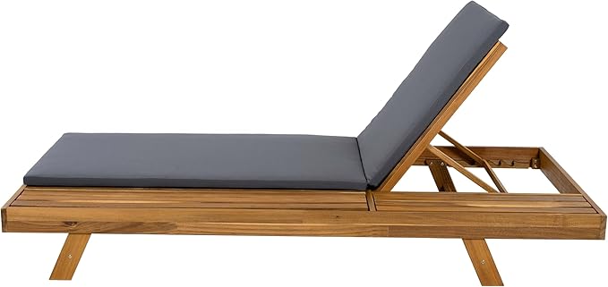 Acacia Wood Outdoor Chaise Lounge with Open Slatted Side, 4-Position Pool Lounge Chairs with All-Weather Cushion, Teak Finish Reclining Patio Chair, 300Lbs Capacity (Dark Grey, 2 inch)