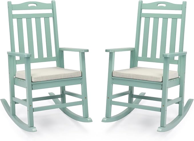 VINGLI Outdoor Rocking Chair, Heavy Duty 450 lbs Poplar Wooden Rocking Chair with High Backrest Design, Come with a Cushion, All-Weather Lounge Rocker Support for Garden, Deck (Mine Green, 2 PCS)