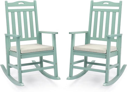VINGLI Outdoor Rocking Chair, Heavy Duty 450 lbs Poplar Wooden Rocking Chair with High Backrest Design, Come with a Cushion, All-Weather Lounge Rocker Support for Garden, Deck (Mine Green, 2 PCS)