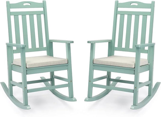 VINGLI Outdoor Rocking Chair, Heavy Duty 450 lbs Poplar Wooden Rocking Chair with High Backrest Design, Come with a Cushion, All-Weather Lounge Rocker Support for Garden, Deck (Mine Green, 2 PCS)